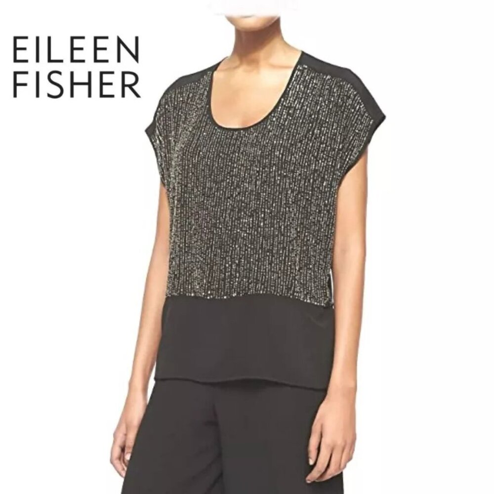 Eileen Fisher Crep Silk Sequin Rivulet Black Cap Sleeve Cocktail Blouse Top Tee